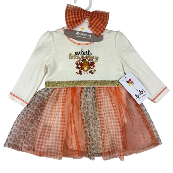 Baby Starters Thanksgiving Fall Turkey Tutu Dress Bow Sock 3-piece Set Size 6M - Picture 1 of 8